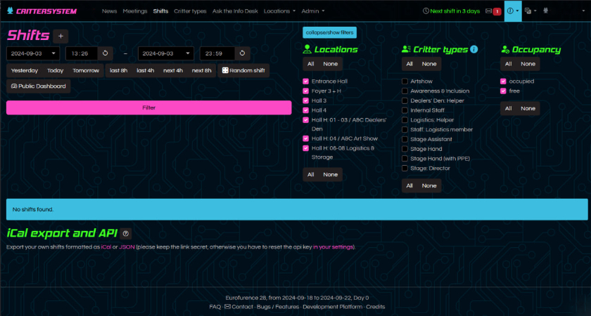 Eurofurence Critter System Shift View with the Eurofurence 28 (2024) - Cyberpunk theme.'