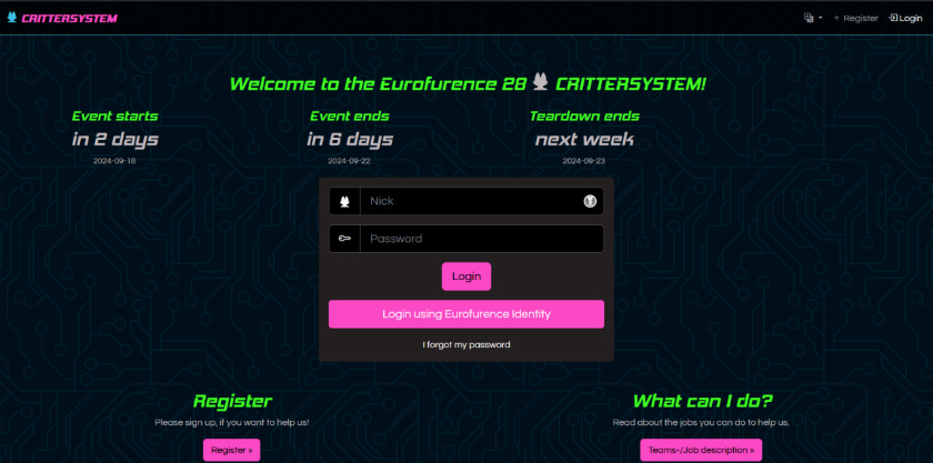 Eurofurence Critter System with the Eurofurence 28 (2024) - Cyberpunk theme.'